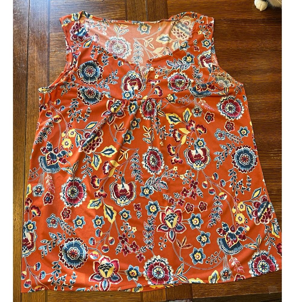 Floral Sleeveless Tank Top Boho Orange Rust Flowy Blouse Womens M - Picture 8 of 9